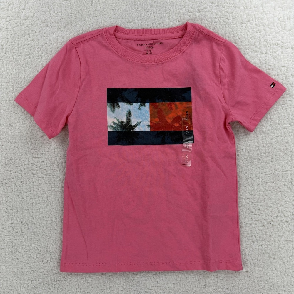 Tommy Hilfiger Shirt Youth Small 6-7 Pink Palm Tree Flag Graphic Tee T-Shirt